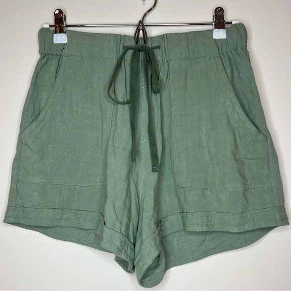 ☀️Khaki Green Cotton Linen Blend Elastic Drawstring Waist Pockets Shorts - Picture 1 of 5